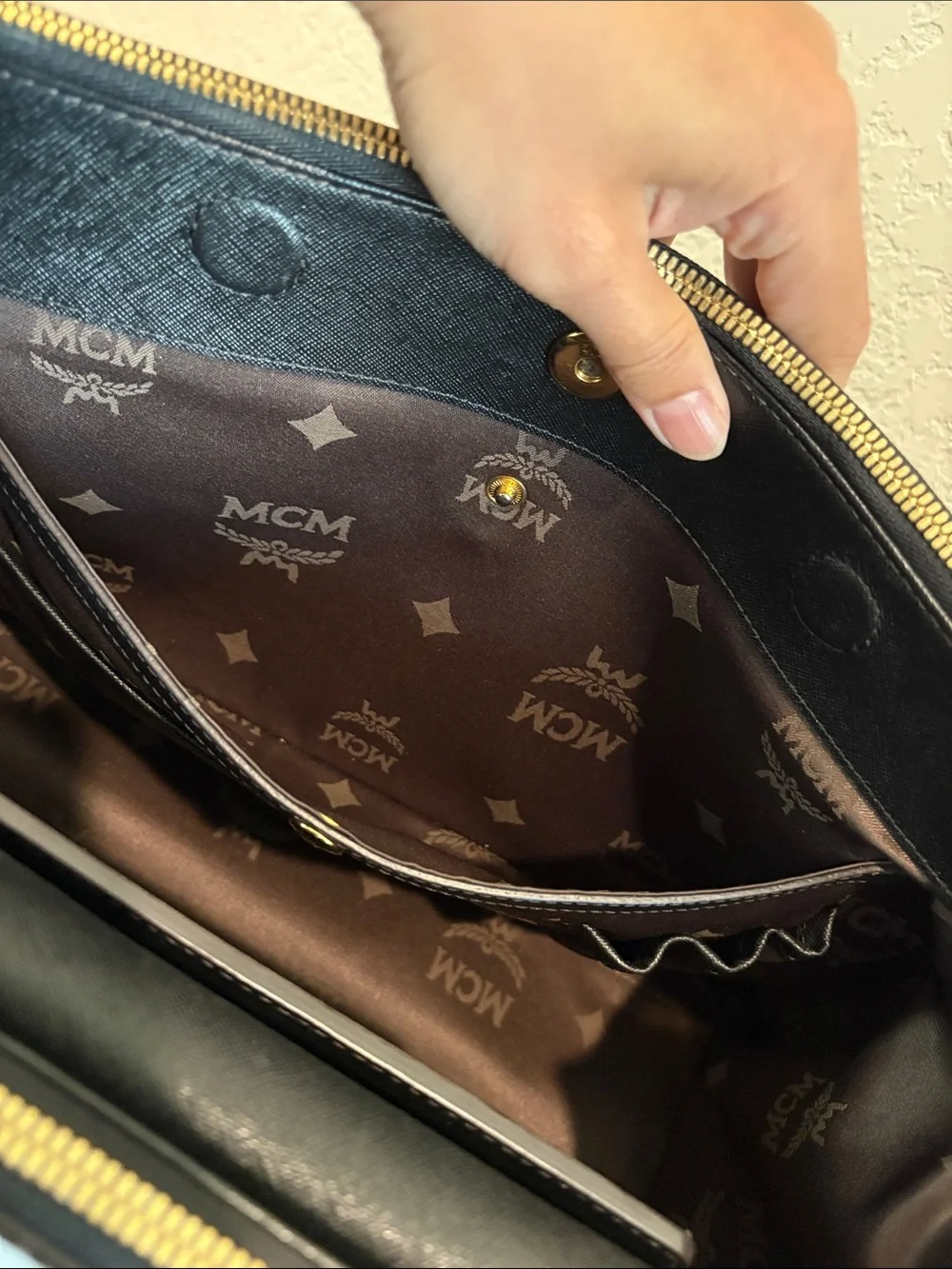MCM Black Structured Satchel Bag with Gold Hardware